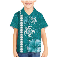 Teal Hibiscus Turle Family Matching Mermaid Dress and Hawaiian Shirt Hawaiian Style Tribal Tapa Pattern