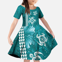 Teal Hibiscus Turle Family Matching Off The Shoulder Long Sleeve Dress and Hawaiian Shirt Hawaiian Style Tribal Tapa Pattern