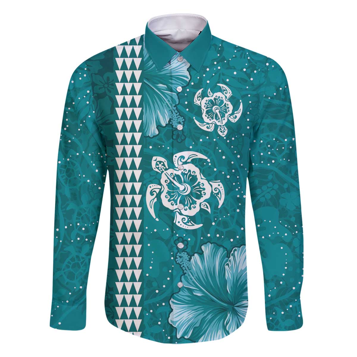 Teal Hibiscus Turle Family Matching Off The Shoulder Long Sleeve Dress and Hawaiian Shirt Hawaiian Style Tribal Tapa Pattern