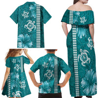 Teal Hibiscus Turle Family Matching Off Shoulder Maxi Dress and Hawaiian Shirt Hawaiian Style Tribal Tapa Pattern