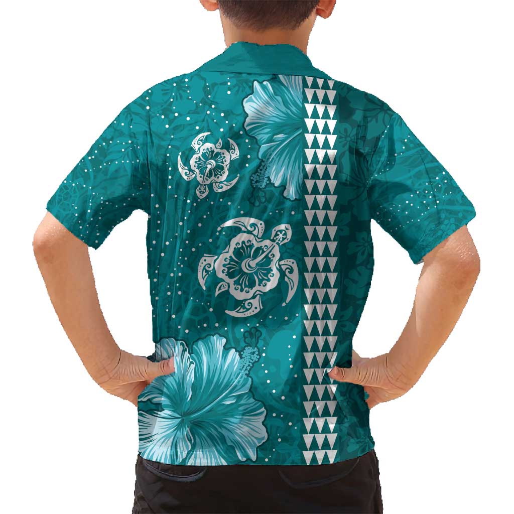 Teal Hibiscus Turle Family Matching Off Shoulder Short Dress and Hawaiian Shirt Hawaiian Style Tribal Tapa Pattern