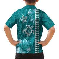 Teal Hibiscus Turle Family Matching Off Shoulder Short Dress and Hawaiian Shirt Hawaiian Style Tribal Tapa Pattern