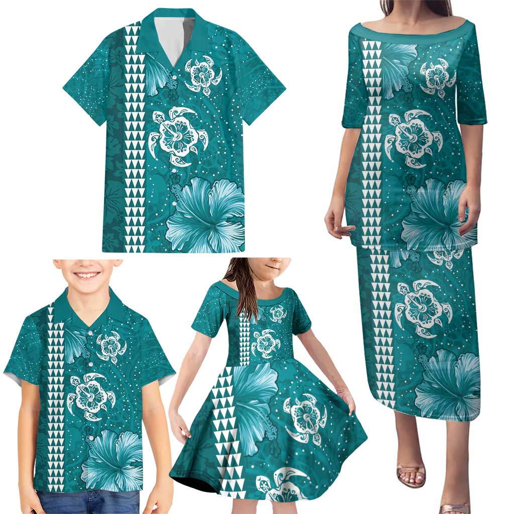 Teal Hibiscus Turle Family Matching Puletasi and Hawaiian Shirt Hawaiian Style Tribal Tapa Pattern