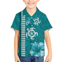 Teal Hibiscus Turle Family Matching Puletasi and Hawaiian Shirt Hawaiian Style Tribal Tapa Pattern
