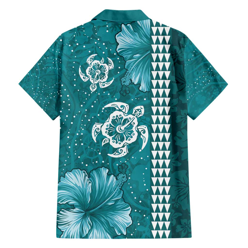 Teal Hibiscus Turle Family Matching Short Sleeve Bodycon Dress and Hawaiian Shirt Hawaiian Style Tribal Tapa Pattern