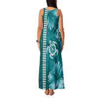 Teal Hibiscus Turle Family Matching Tank Maxi Dress and Hawaiian Shirt Hawaiian Style Tribal Tapa Pattern