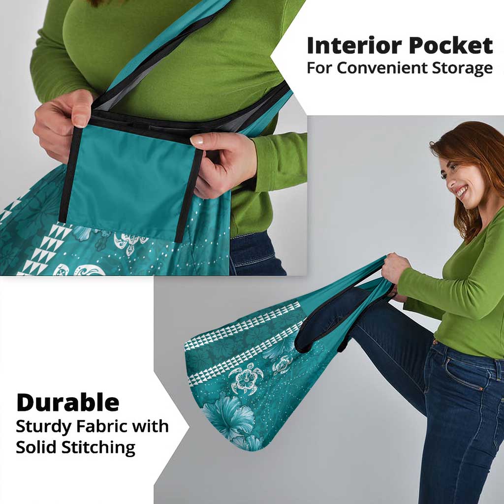 Teal Hibiscus Turle Grocery Bag Hawaiian Style Tribal Tapa Pattern