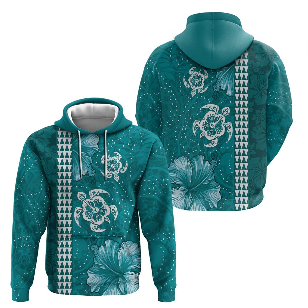 Teal Hibiscus Turle Hoodie Hawaiian Style Tribal Tapa Pattern