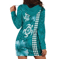 Teal Hibiscus Turle Hoodie Dress Hawaiian Style Tribal Tapa Pattern