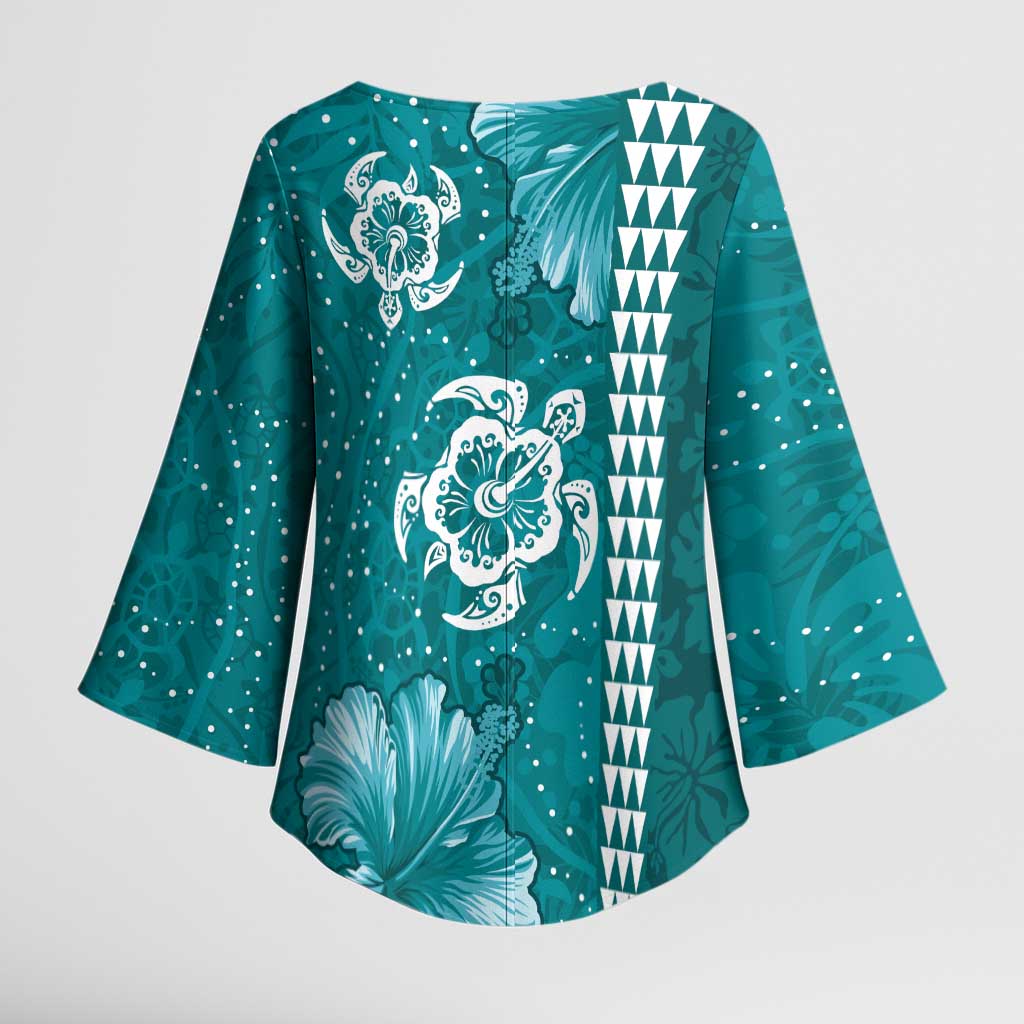 Teal Hibiscus Turle Kimono Sleeve Blouse Hawaiian Style Tribal Tapa Pattern - Polynesian Pride