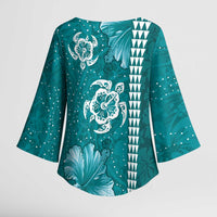 Teal Hibiscus Turle Kimono Sleeve Blouse Hawaiian Style Tribal Tapa Pattern - Polynesian Pride