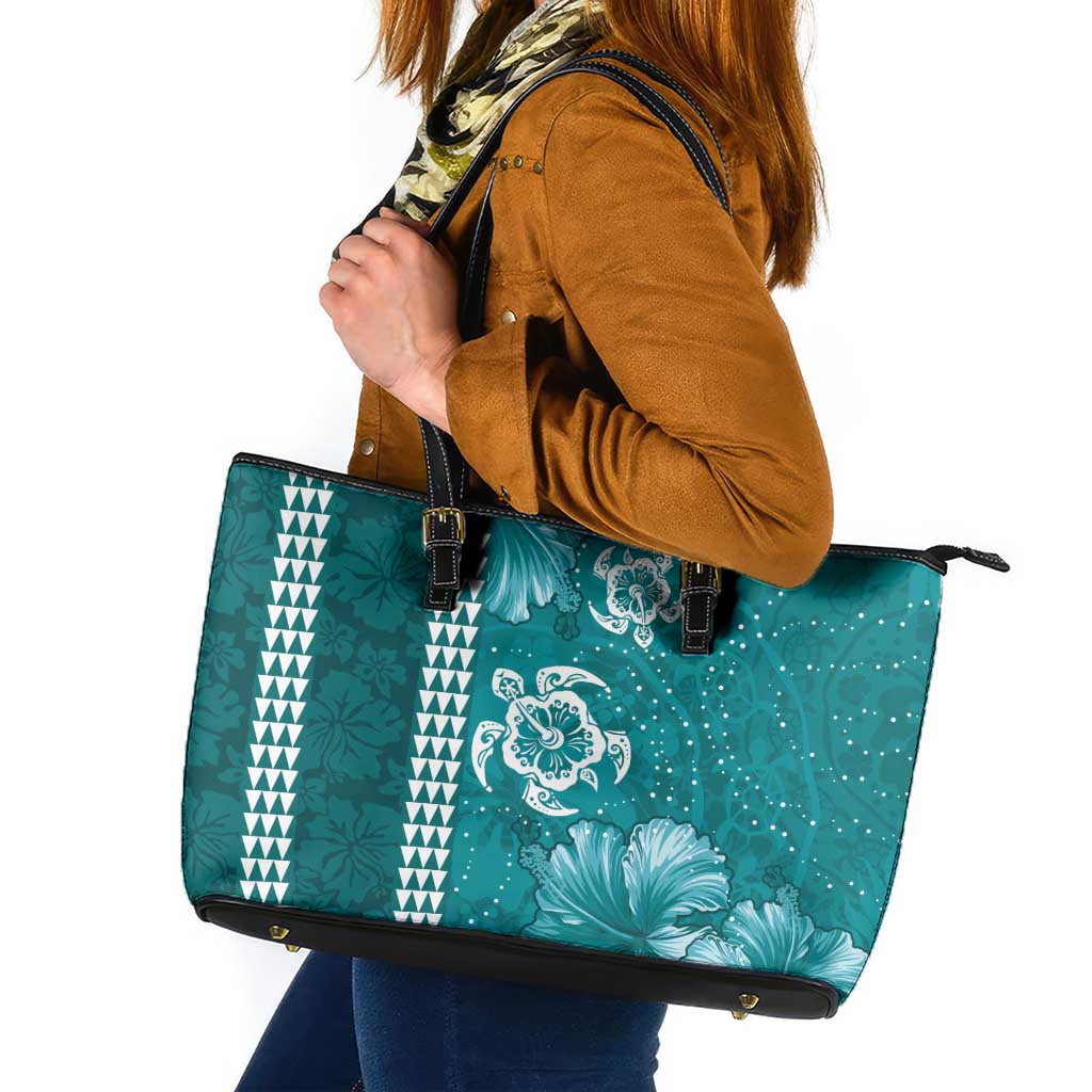 Teal Hibiscus Turle Leather Tote Bag Hawaiian Style Tribal Tapa Pattern