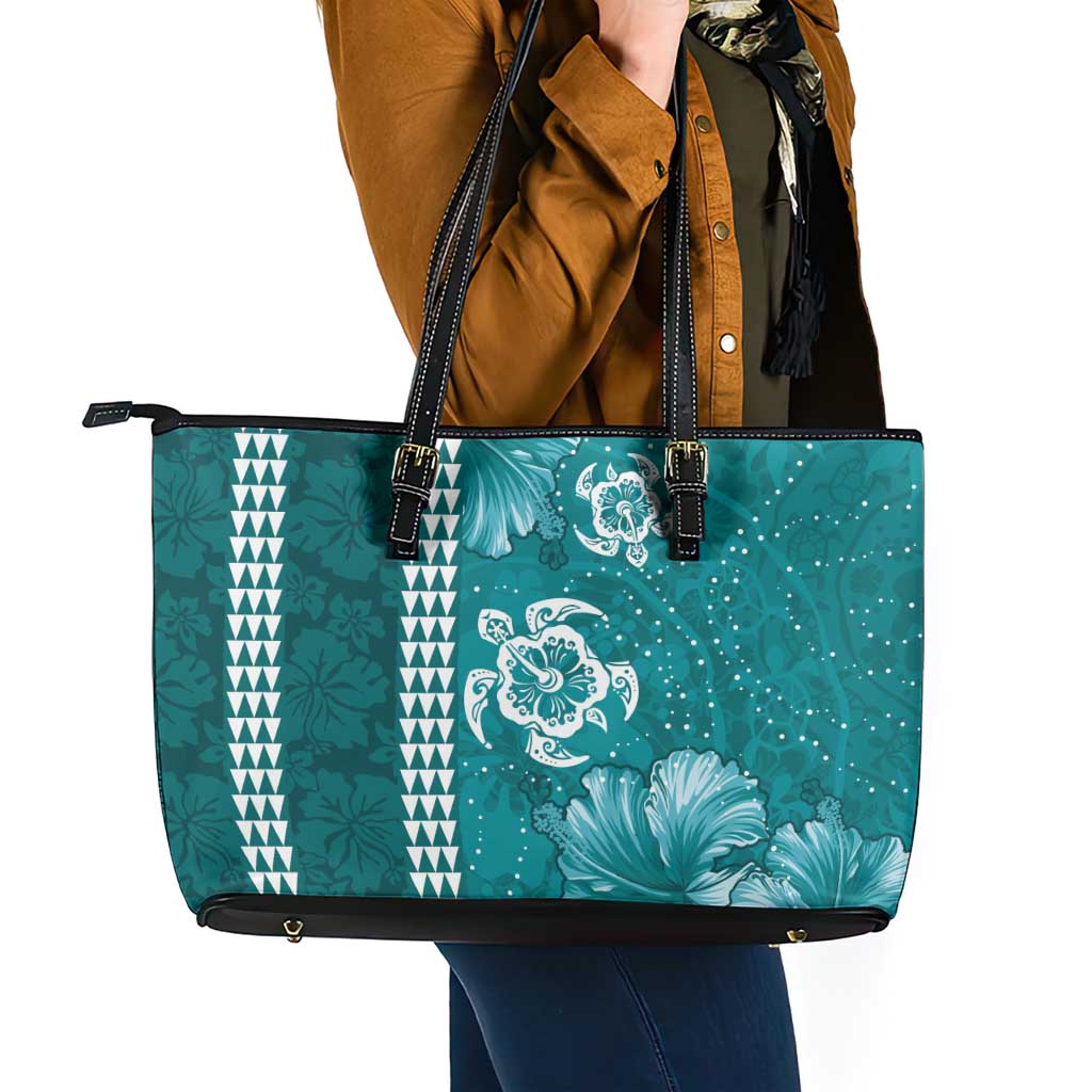 Teal Hibiscus Turle Leather Tote Bag Hawaiian Style Tribal Tapa Pattern