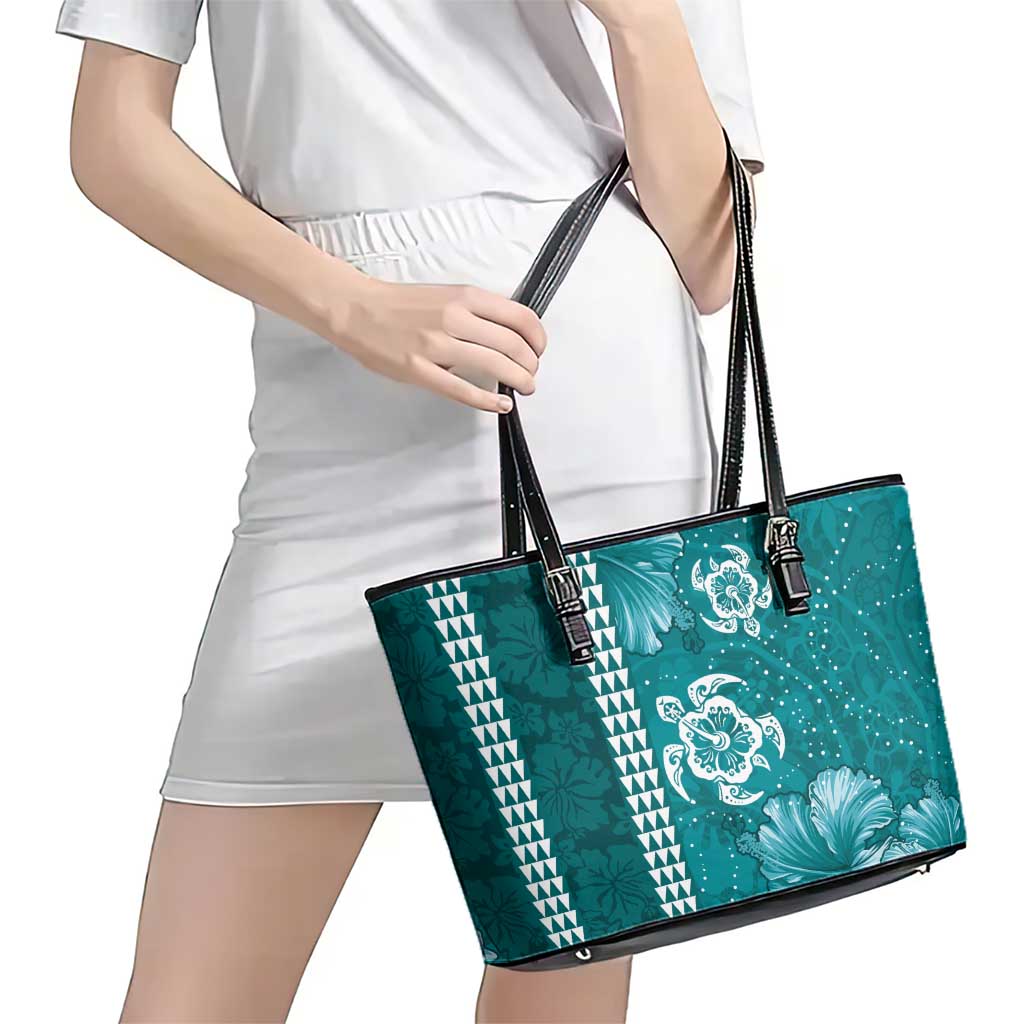 Teal Hibiscus Turle Leather Tote Bag Hawaiian Style Tribal Tapa Pattern