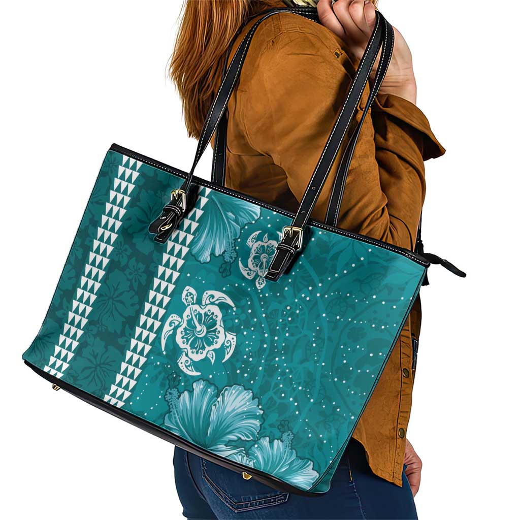 Teal Hibiscus Turle Leather Tote Bag Hawaiian Style Tribal Tapa Pattern