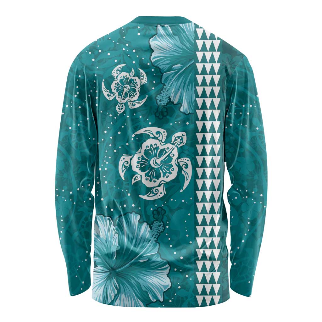 Teal Hibiscus Turle Long Sleeve Shirt Hawaiian Style Tribal Tapa Pattern