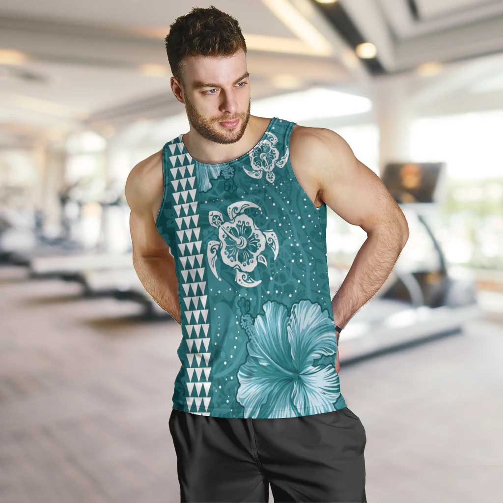 Teal Hibiscus Turle Men Tank Top Hawaiian Style Tribal Tapa Pattern