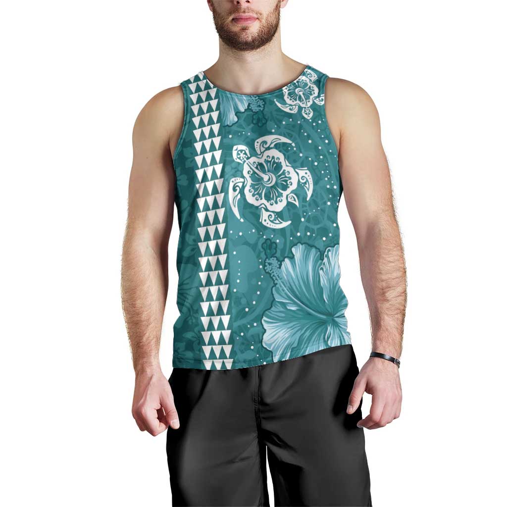 Teal Hibiscus Turle Men Tank Top Hawaiian Style Tribal Tapa Pattern