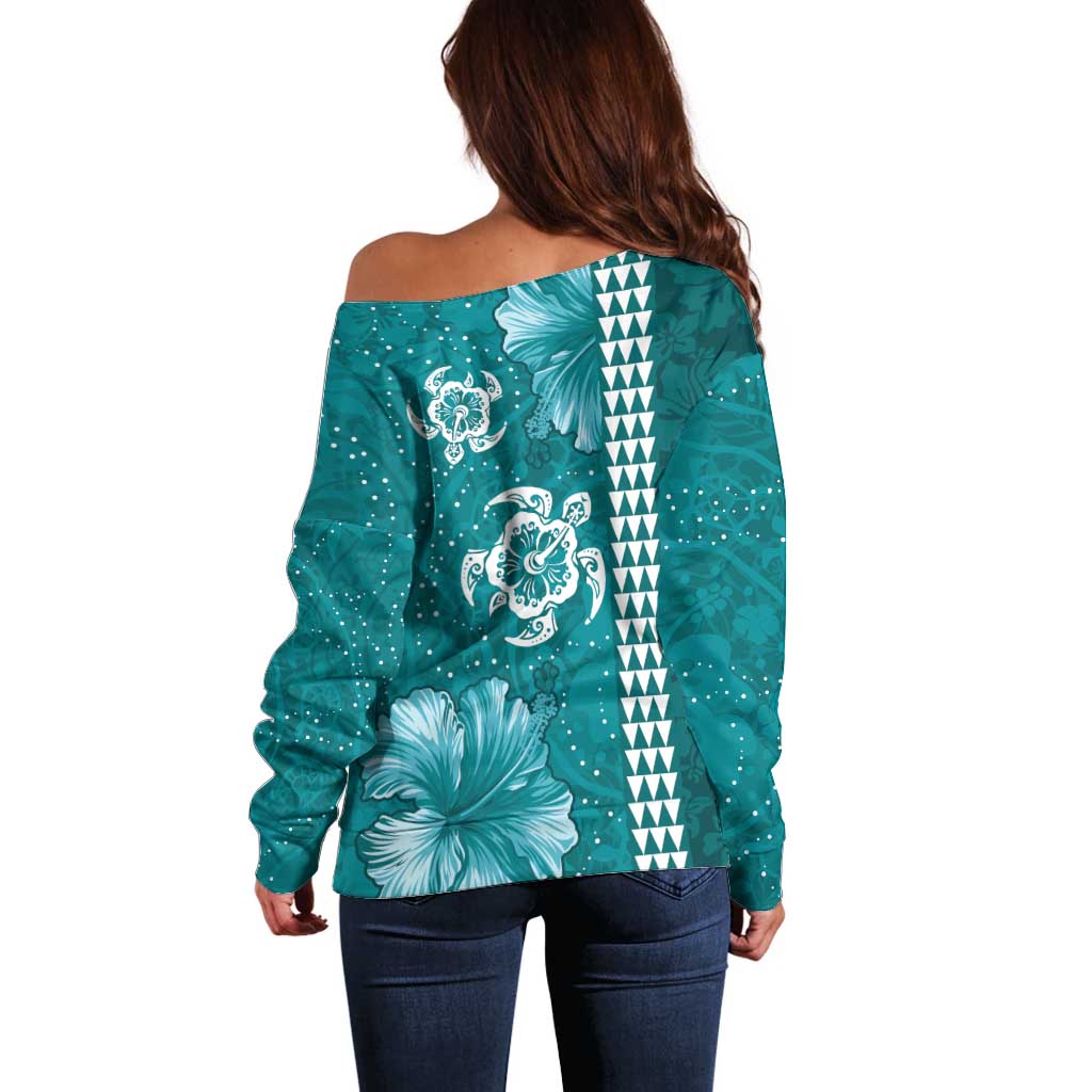 Teal Hibiscus Turle Off Shoulder Sweater Hawaiian Style Tribal Tapa Pattern