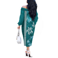 Teal Hibiscus Turle Off The Shoulder Long Sleeve Dress Hawaiian Style Tribal Tapa Pattern