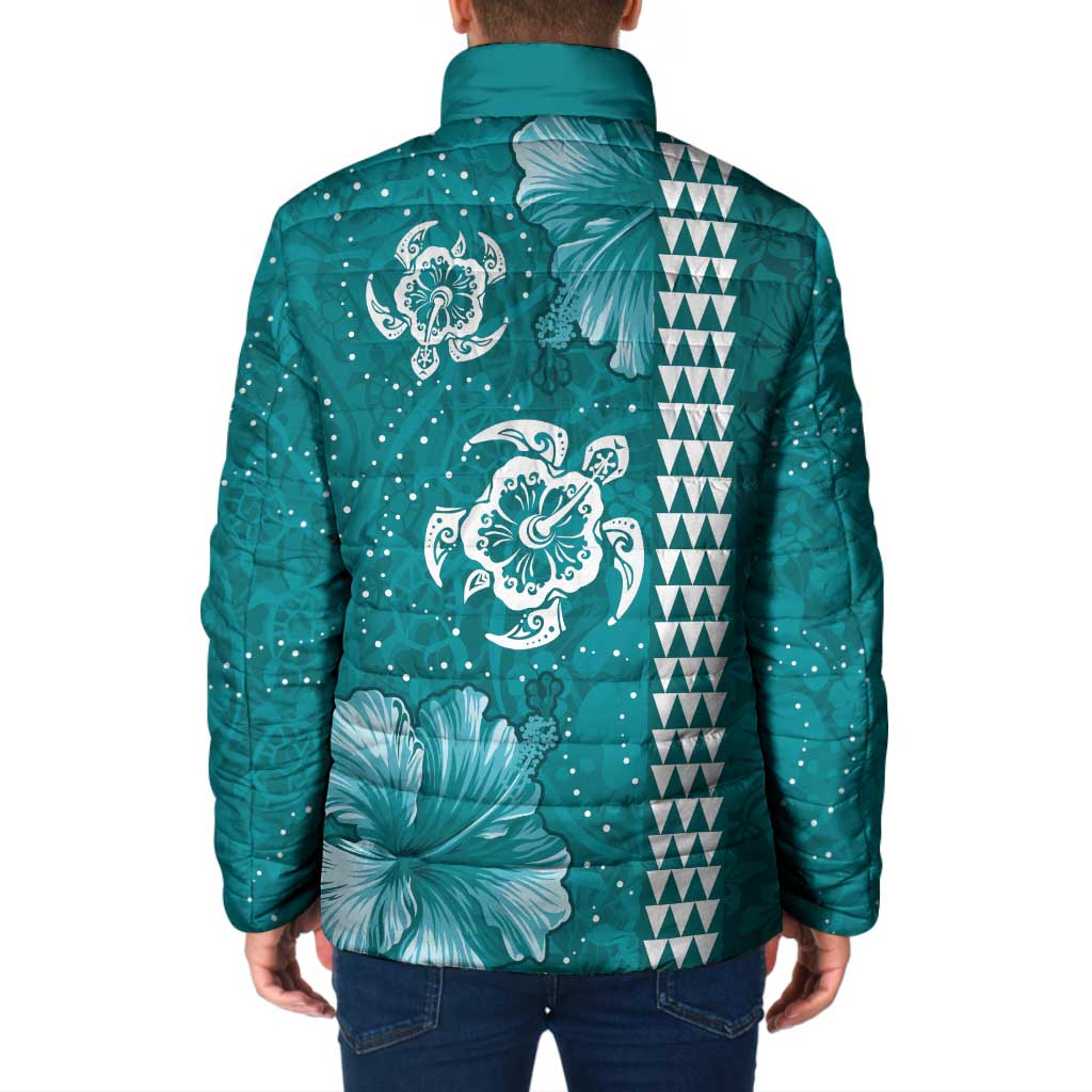 Teal Hibiscus Turle Padded Jacket Hawaiian Style Tribal Tapa Pattern - Polynesian Pride