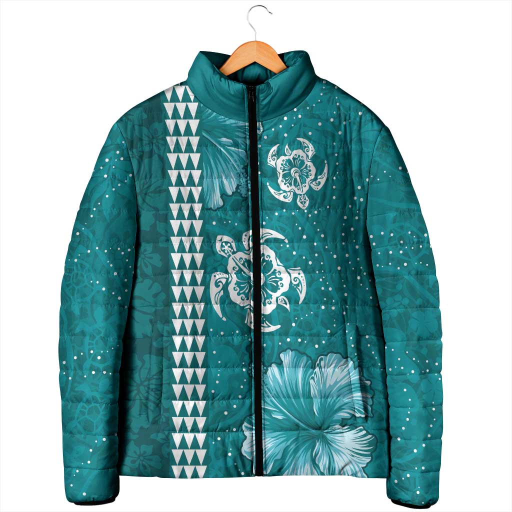 Teal Hibiscus Turle Padded Jacket Hawaiian Style Tribal Tapa Pattern - Polynesian Pride