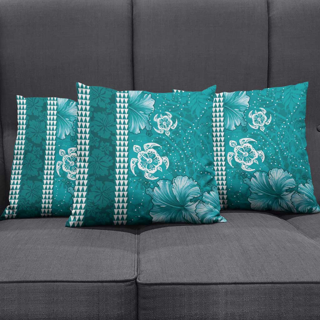 Teal Hibiscus Turle Pillow Cover Hawaiian Style Tribal Tapa Pattern - Polynesian Pride