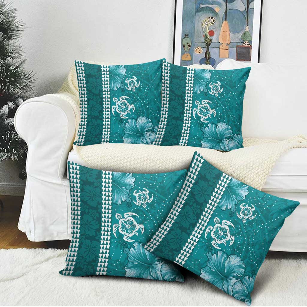 Teal Hibiscus Turle Pillow Cover Hawaiian Style Tribal Tapa Pattern - Polynesian Pride