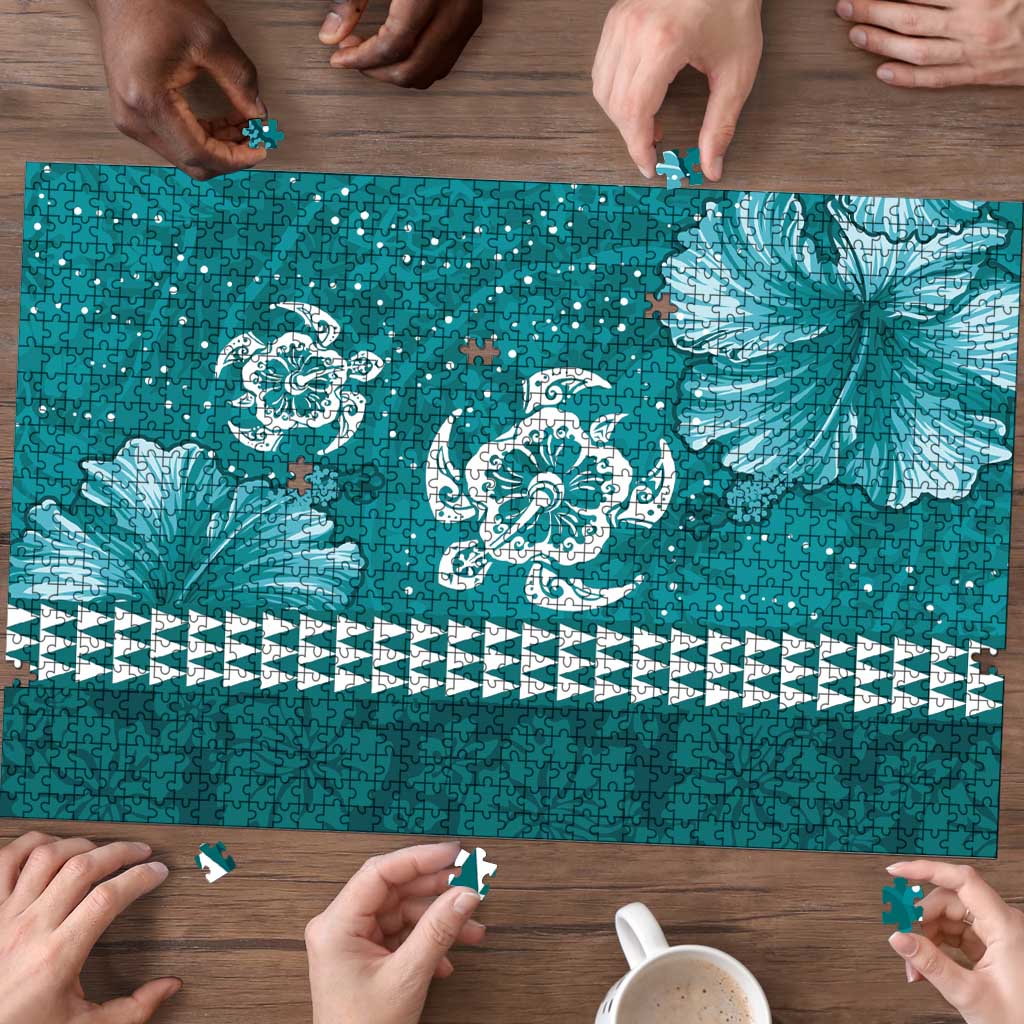 Teal Hibiscus Turle Puzzle Hawaiian Style Tribal Tapa Pattern - Polynesian Pride