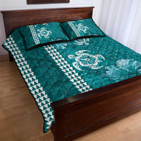 Teal Hibiscus Turle Quilt Bed Set Hawaiian Style Tribal Tapa Pattern