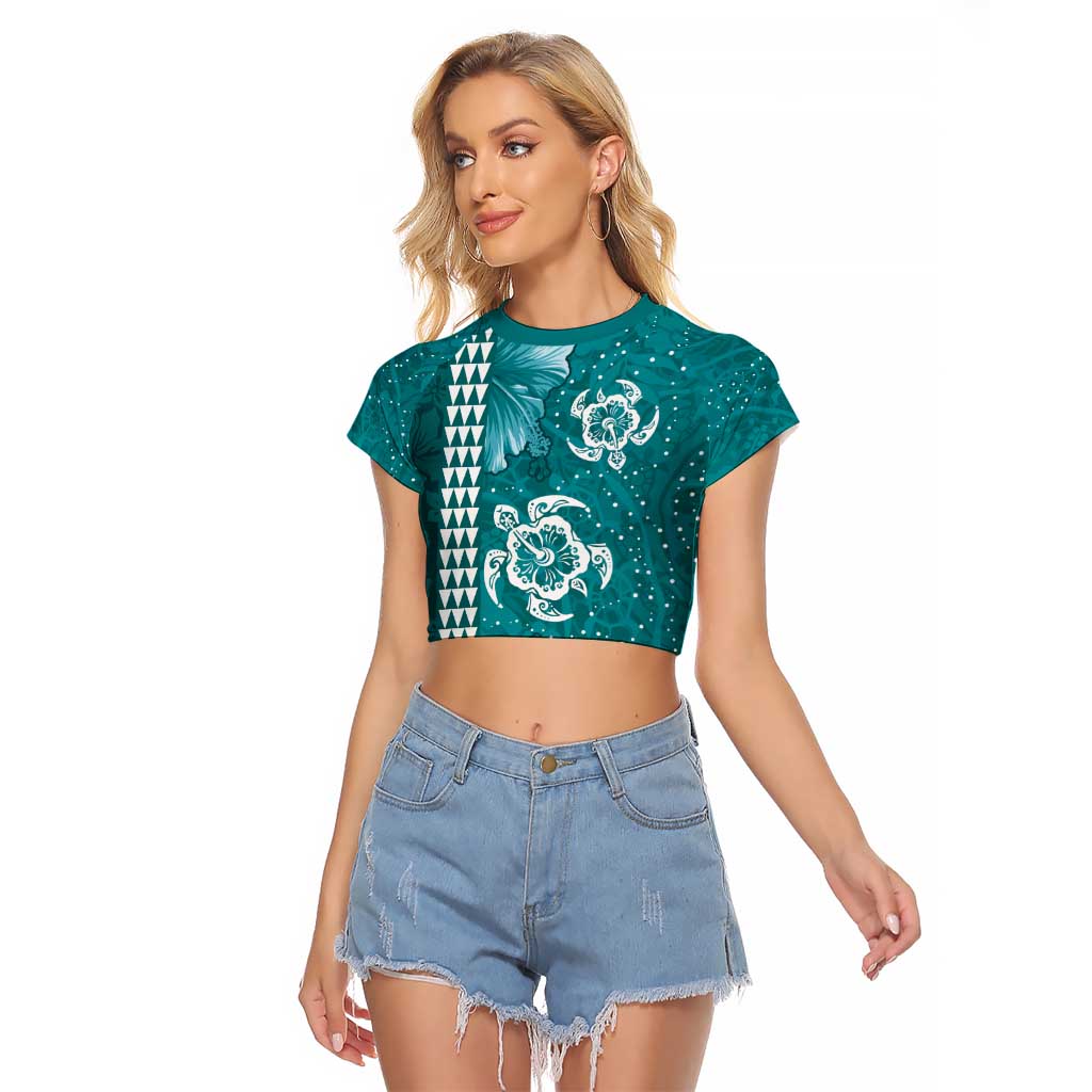 Teal Hibiscus Turle Raglan Cropped T Shirt Hawaiian Style Tribal Tapa Pattern