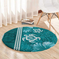 Teal Hibiscus Turle Round Carpet Hawaiian Style Tribal Tapa Pattern