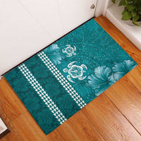Teal Hibiscus Turle Rubber Doormat Hawaiian Style Tribal Tapa Pattern