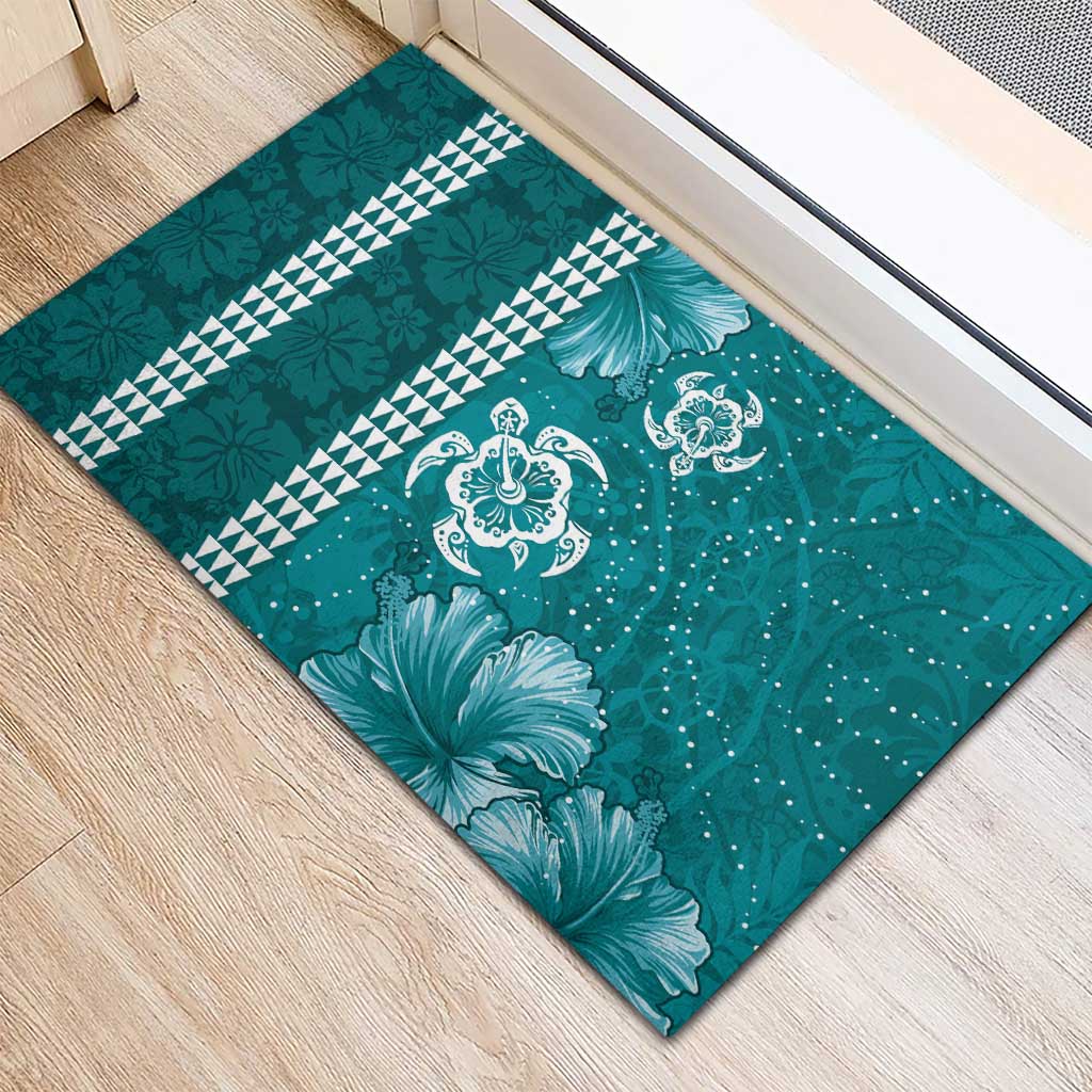 Teal Hibiscus Turle Rubber Doormat Hawaiian Style Tribal Tapa Pattern