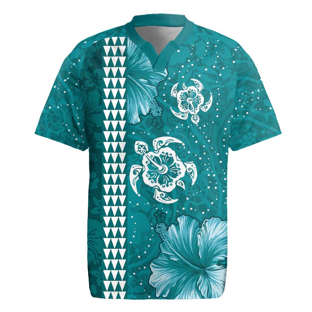 Teal Hibiscus Turle Rugby Jersey Hawaiian Style Tribal Tapa Pattern