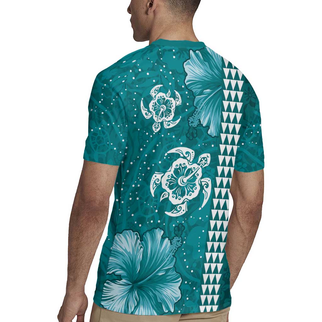 Teal Hibiscus Turle Rugby Jersey Hawaiian Style Tribal Tapa Pattern