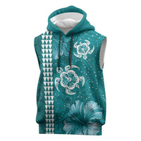 Teal Hibiscus Turle Sleeveless Hoodie Hawaiian Style Tribal Tapa Pattern - Polynesian Pride