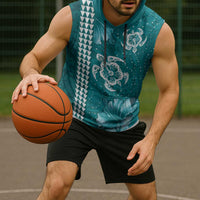 Teal Hibiscus Turle Sleeveless Hoodie Hawaiian Style Tribal Tapa Pattern - Polynesian Pride