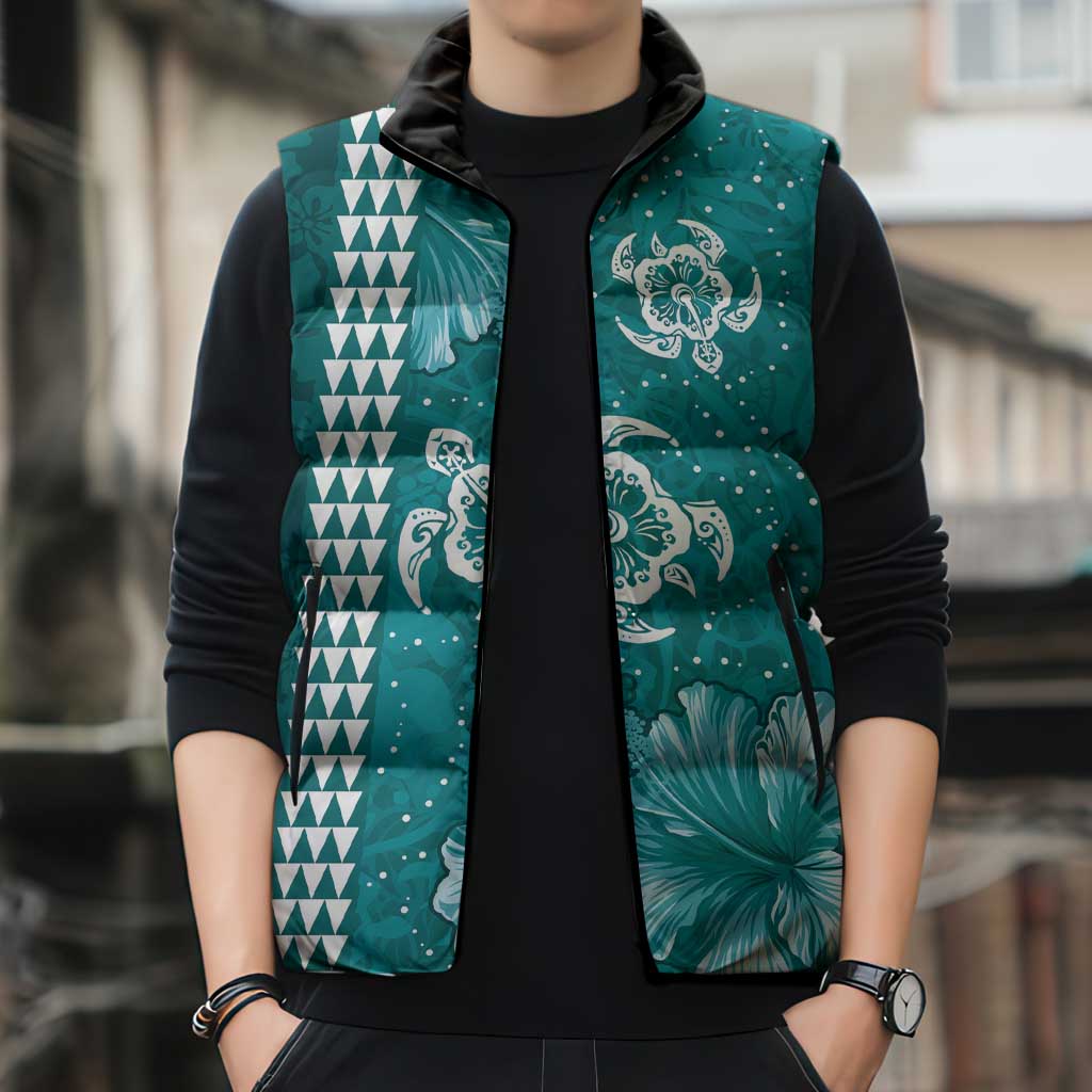 Teal Hibiscus Turle Sleeveless Puffer Jacket Hawaiian Style Tribal Tapa Pattern - Polynesian Pride