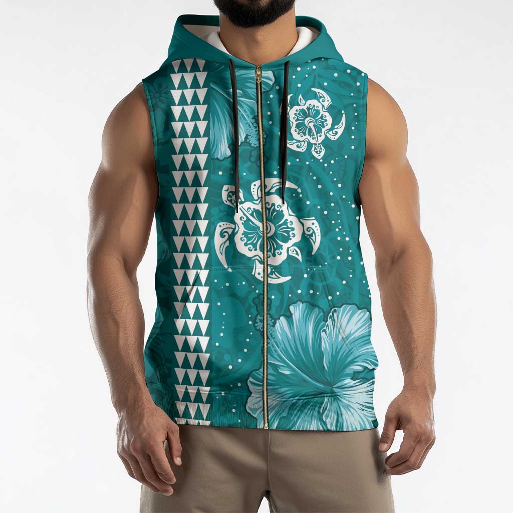 Teal Hibiscus Turle Sleeveless Zip Hoodie Hawaiian Style Tribal Tapa Pattern - Polynesian Pride