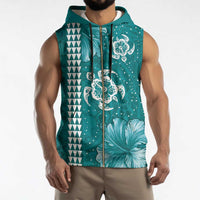 Teal Hibiscus Turle Sleeveless Zip Hoodie Hawaiian Style Tribal Tapa Pattern - Polynesian Pride