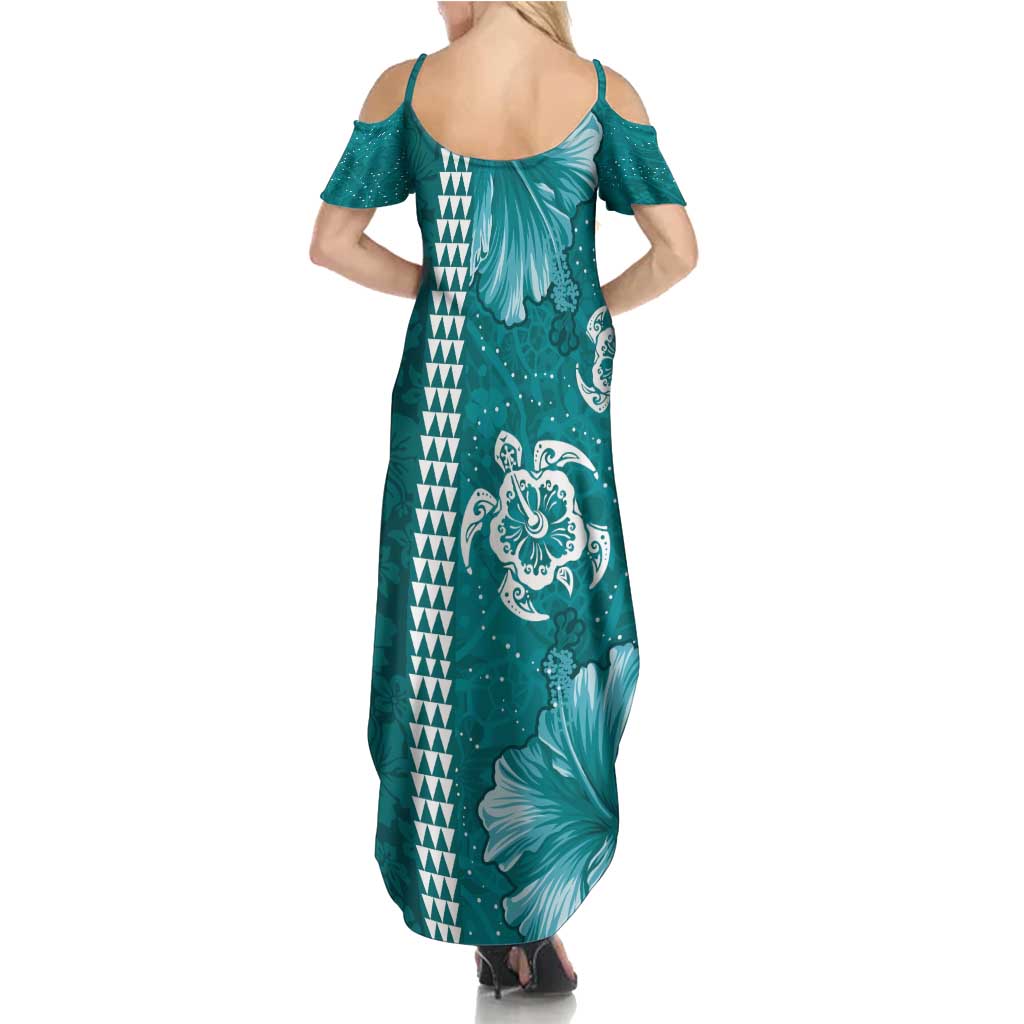 Teal Hibiscus Turle Summer Maxi Dress Hawaiian Style Tribal Tapa Pattern