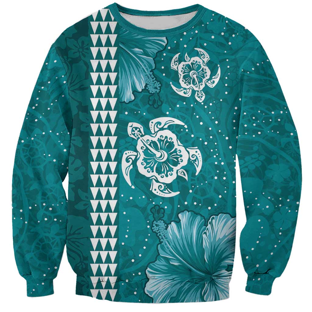 Teal Hibiscus Turle Sweatshirt Hawaiian Style Tribal Tapa Pattern