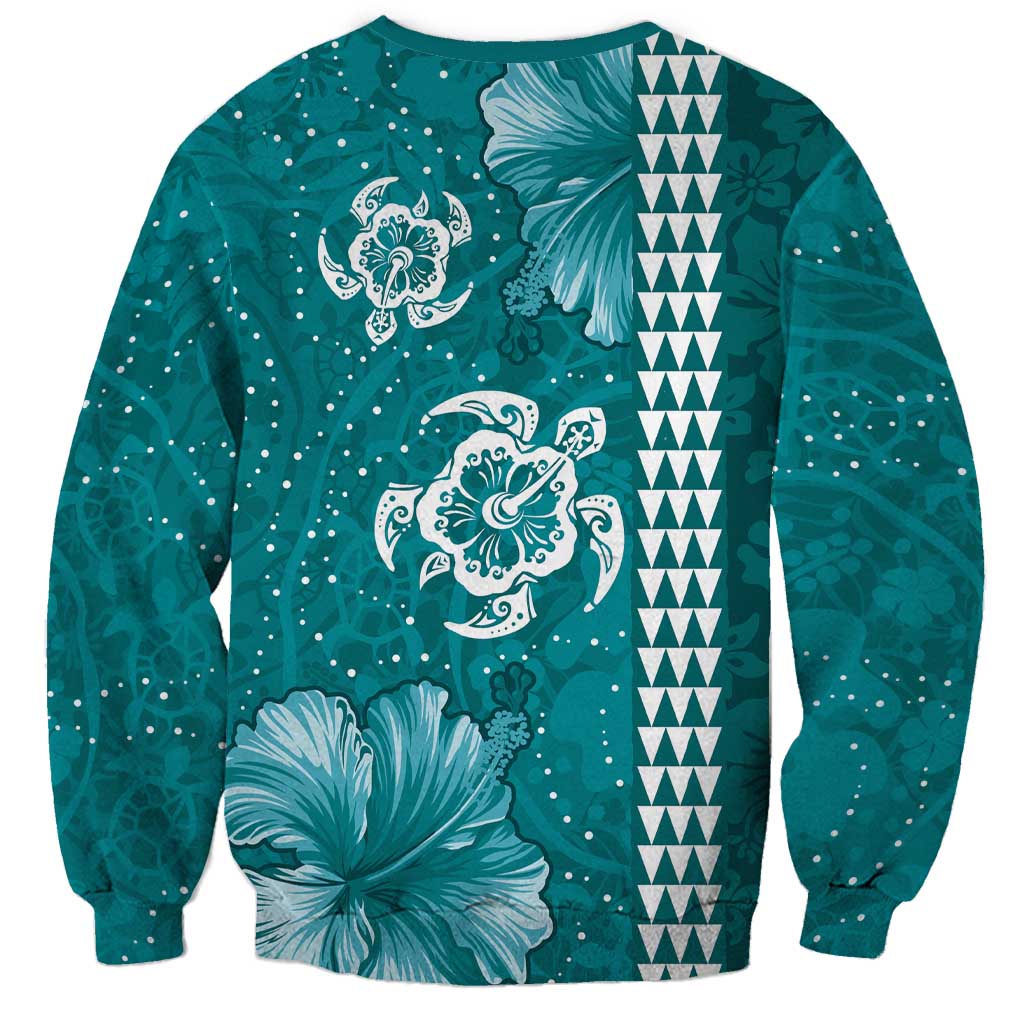 Teal Hibiscus Turle Sweatshirt Hawaiian Style Tribal Tapa Pattern