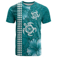 Teal Hibiscus Turle T Shirt Hawaiian Style Tribal Tapa Pattern