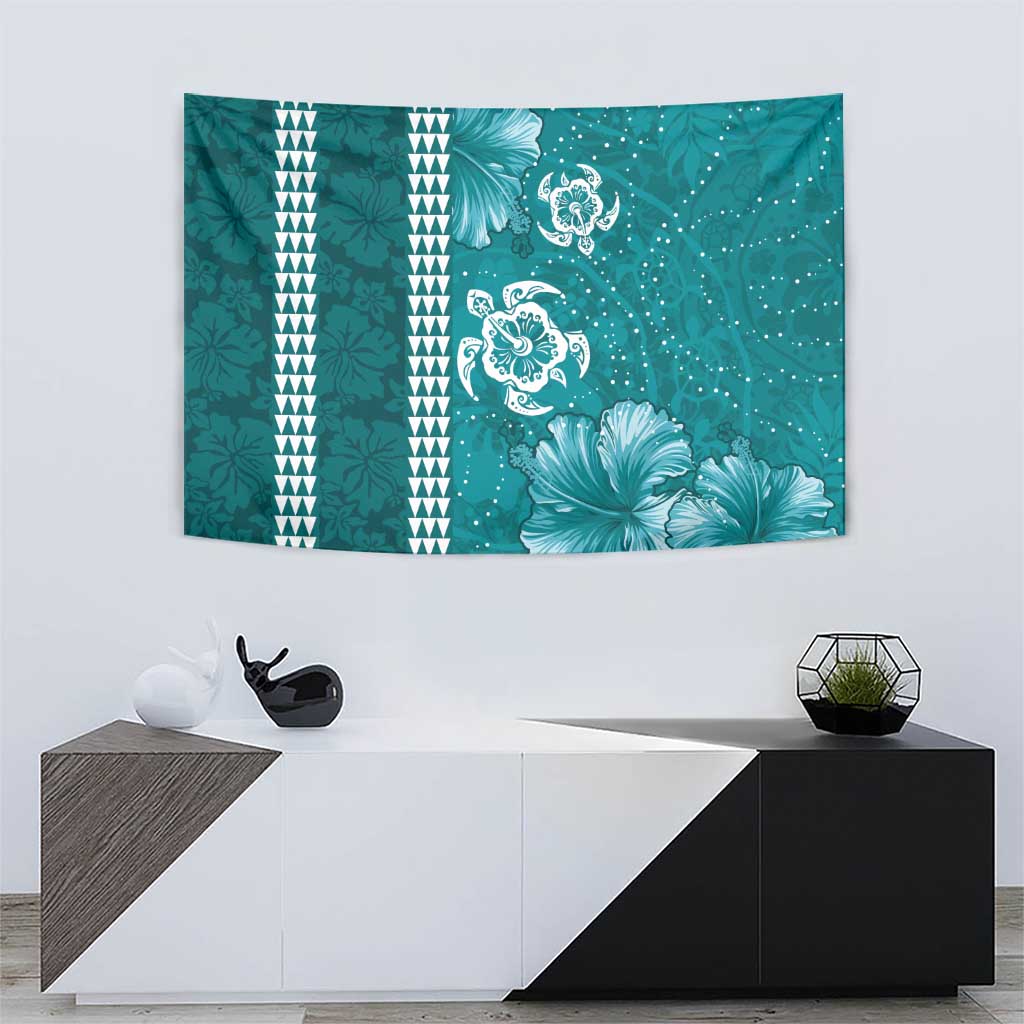 Teal Hibiscus Turle Tapestry Hawaiian Style Tribal Tapa Pattern
