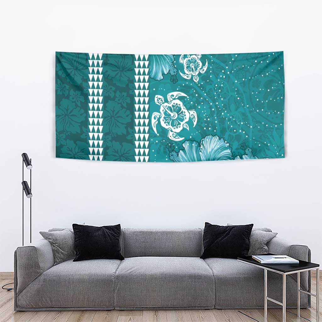 Teal Hibiscus Turle Tapestry Hawaiian Style Tribal Tapa Pattern