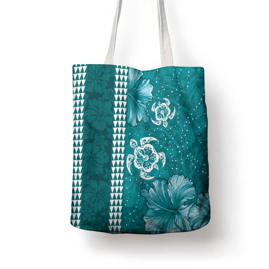Teal Hibiscus Turle Tote Bag Hawaiian Style Tribal Tapa Pattern - Polynesian Pride