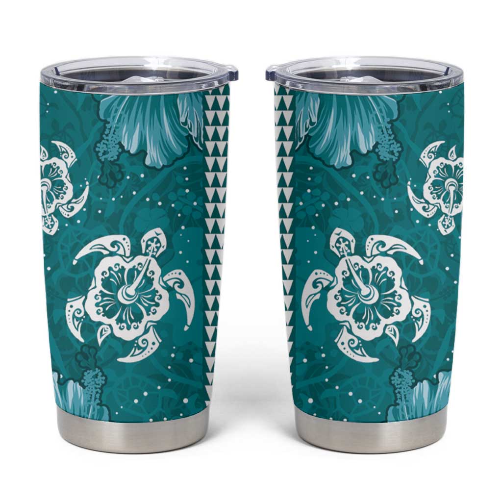 Teal Hibiscus Turle Tumbler Cup Hawaiian Style Tribal Tapa Pattern