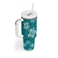 Teal Hibiscus Turle Tumbler With Handle Hawaiian Style Tribal Tapa Pattern